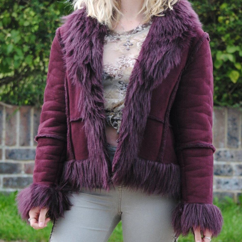 90s Vintage Purple Faux Suede & Faux Fur Penny Lane Coat